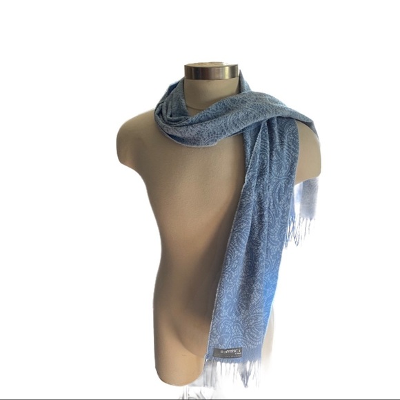 Cashmink V. Fraas Powder Blue Floral Print Scarf Wrap Blue Frilly Fringe 65x11 - Picture 2 of 5